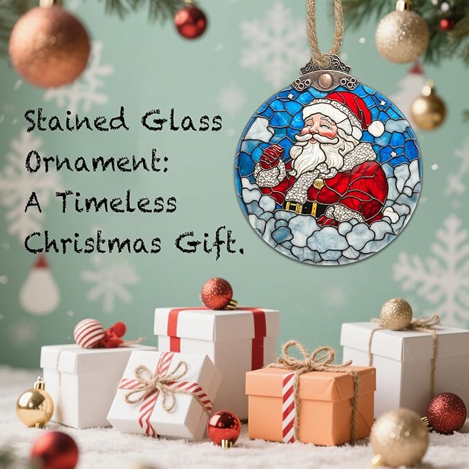 Stained Glass Christmas Decorations, Santa Claus in The Clouds Suncatcher for Window Christmas Tree Hanging Ornaments White Sun Catcher Xmas Decor Gifts for Women Men Mom Nana Friend