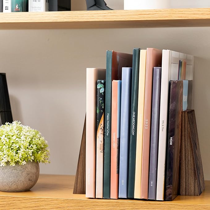 Luxdecor Walnut Book Ends Hold Heavy Books-7x6x5in Wood Bookends for Office Desk Non Skid, Decorative Walnut Bookend 2pack, Triangle Style