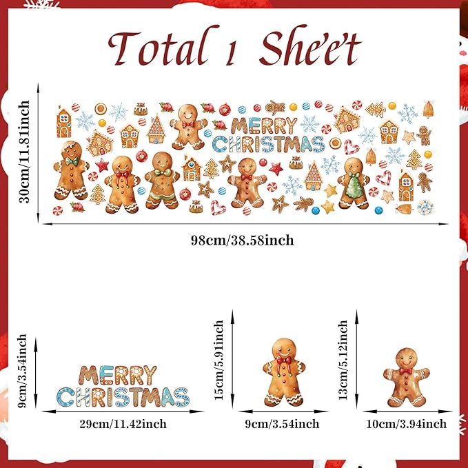 Christmas Window Clings Gingerbread Man,Merry Christmas Wall Stickers,Gingerbread Cookie Window Stickers Candy,Xmas Snowflake Wall Decals for Party Home Living Room Bedroom
