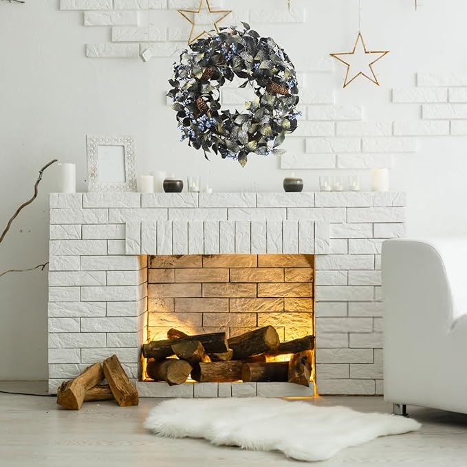 24 Inch Snow Flocked Metallic Look Winter Wreath with Blue Berry & Pinecone- Artificial Christmas Wreaths for Front Door Porch Wall Window Porch Fireplace Outdoor Décor