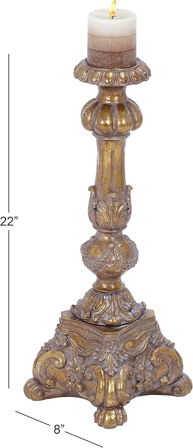 Deco 79 Polystone Decorative Candle Holder Tall Standing Candle Stand, Candlestick Holder 8" x 8" x 22", Gold