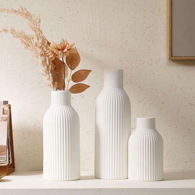 Ceramic Vase Set of 3 - Handcrafted Ceramic Vases for Home Decor & Shelf - Modern Farmhouse Decor for Kitchen, Office, Bedroom & Living Room Decorative Objects for Mantel, Table Centerpieces