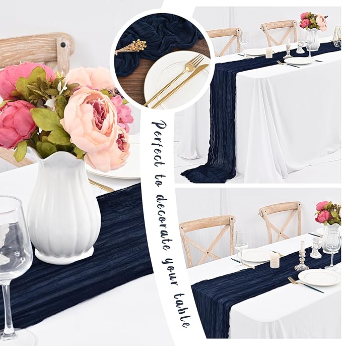 12 Pack Navy Blue Cheesecloth Table Runner,Romantic Sheer Tablerunner,10FT Gauze Boho Table Runner,Rustic Cheese Cloth Table Runners for Wedding Party Bridal Shower Table
