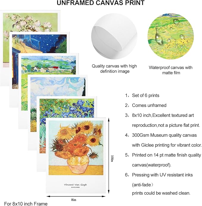 HNKNDECO Vincent Van Gogh Canvas Wall Art Prints,Sunflower wall art irises Posters,6PCS Gallery Art Prints Decor Unframed,Famous Artist Paintings Picture Living Room Bedroom Bathroom(8”x10” UNFAMED)