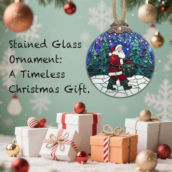 Stained Glass Christmas Decorations, Santa Claus Giving Gifts Suncatcher for Window Christmas Tree Hanging Ornaments Landscape Sun Catcher Xmas Decor Gifts for Women Men Mom Nana Friend