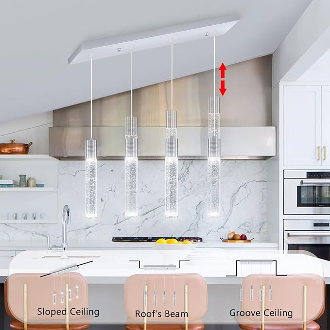 4-Lights Mini Crystal Pendant Light for Kitchen Island, Modern Led Crystal Chandelier for Dining Room Living Room 6000K