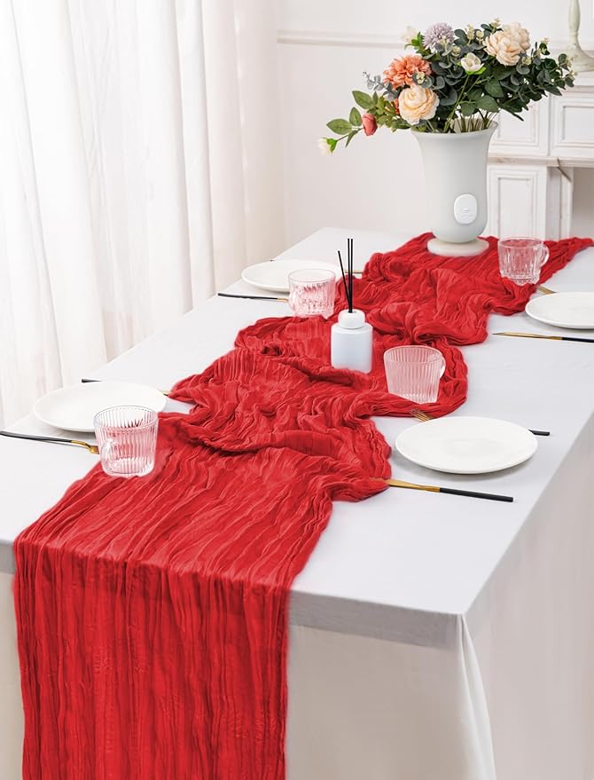 10 Pack Red Cheesecloth Table Runner,10FT/120 Inch Boho Gauze Fabric Table Runner,Rustic Sheer Red Cheese Cloth Runner Bulk for Wedding,Bridal Baby Shower,Christmas Party,Holiday Home Table Decor