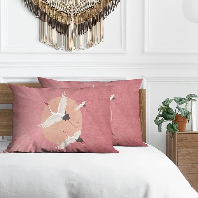 Heron Pillow Protectors with Zipper Standard Size White Bird Animal Pillow Covers Set of 2 Abstract Minimalist Pillowcases Vintage Pink Midcentury Modern Farmhouse Bed Pillow Covers 30"X20"