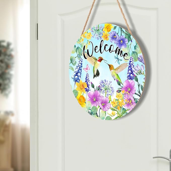Welcome Spring Hummingbird Front Door Sign Decor 12"x12" Spring Floral Flowers Wood Door Hanger for Outdoor Outside Porch Seasonal Summer Farmhouse Wooden Wreath Wall Hanging Sign for Home Yard