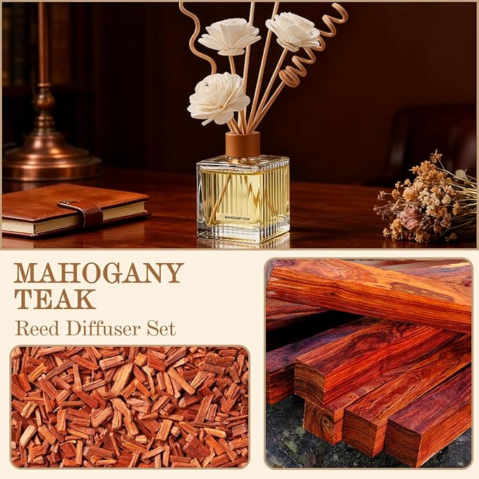 Mahogany Teak Reed Diffuser Set - 6.7 oz Glass Bottle with 4 Rattan Sticks, 3 Dried Flowers | Adjustable, Long-Lasting Scent for Home, Bedroom, Living Room, Office, Bathroom | Aromatherapy Gift Set