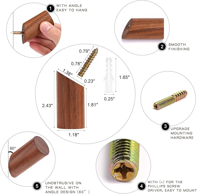 Wood Wall Hooks, 6 Pack Natural Wooden Coat Hooks Wall-Mounted, Rustic Heavy Duty Hook for Hanging Towels Coats Plants, Entryway Hat Hanger Wall Coat Rack (Walnut Wood)