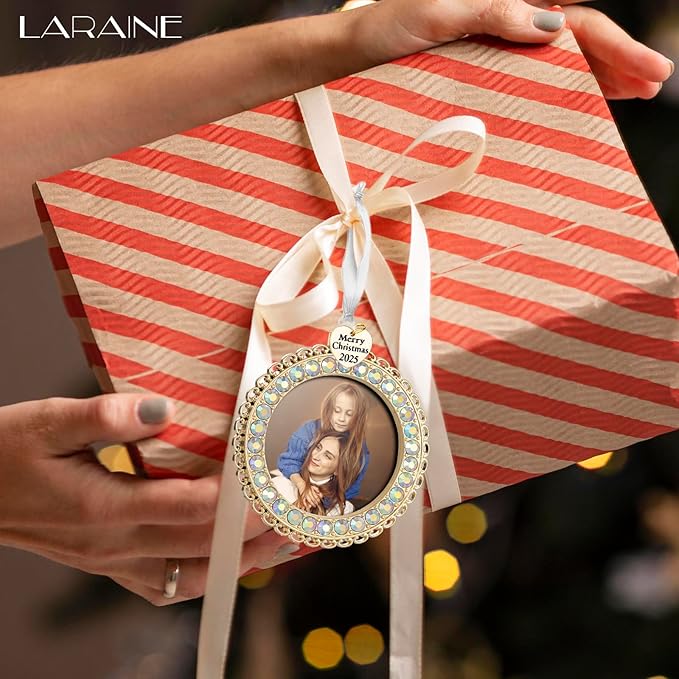 Laraine Christmas Tree Ornaments 3 Pieces – Decorative Hanging 2025 Rhinestones Pendant with Small Picture Frame Insert for Pet Holiday Keepsake Gift (Gold (2025))
