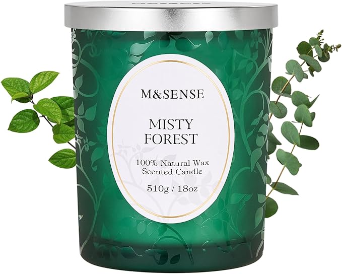 M&SENSE Misty Pine Forest Scented Candle, Wooden Wick Candle, 100 Hours Slow Burning No Toxin Natural Soy Wax 18oz, Relax Aromatherapy Fall Winter Home Fragrance, Housewarming Gifts for Men Women