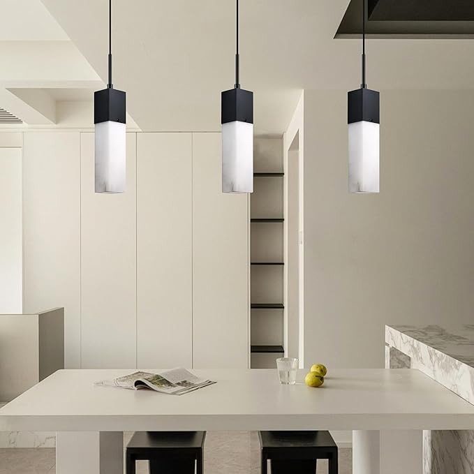 3 Pack 1 Light Hanging Kitchen Island Natural Alabaster Marble Pendant Ceiling Light Fixture,Modern Industrial Farmhouse Light Black Finish Over Sink Restaurant bar Corridor