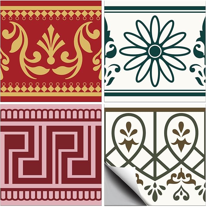 36 Pcs 4 Style Wall Stickers Colorful Lace Pattern Peel and Stick Wall Tile Sticker Geometric Texture Waterproof Self Adhesive Stick on Tile Decals for Kitchen Art Decor, 4×4 Inch
