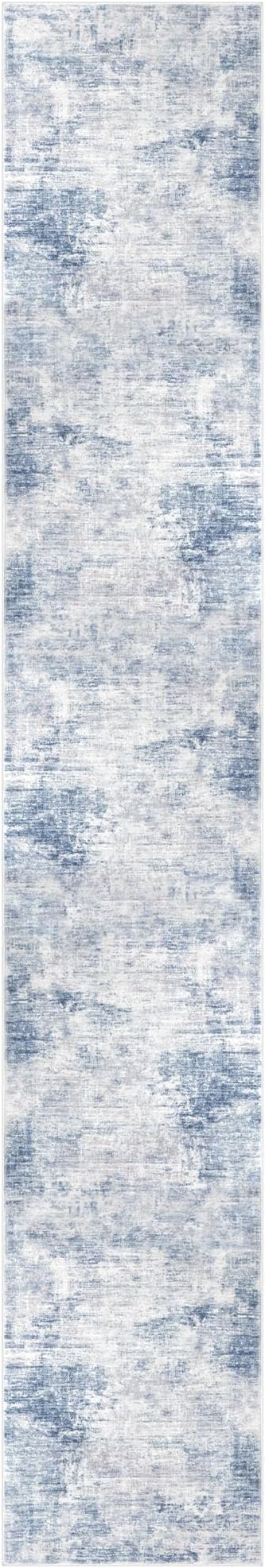 IOHOUZE Abstract Runner Rug 2x12 Ft Washable Runners for Hallways, Non Slip Kitchen Runner Printed Faux Wool Entryway Runner Indoor, Modern Abstract Floor Carpet for Hall Kitchen, Light Blue White