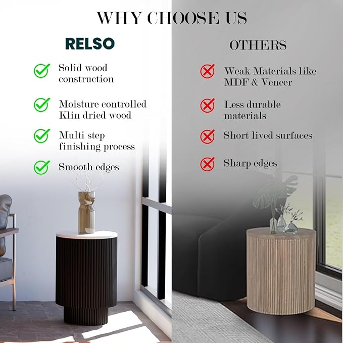 Relso Athena Marble Side Table with Stylish Round White Marble Top | Black Ribbed Base End Table Marble Offers Stability | Compact Design Small Accent Table Ideal for Drink Table