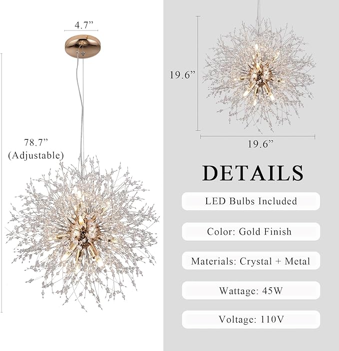 9-Light Gold Crystal Chandeliers, Modern Dandelion Hanging Light, Small Round Lamp, Sputnik Beaded Pendant Lights for Farmhouse Bedroom Dining Room Living Room Kitchen Island (Gold, D19.6inch)