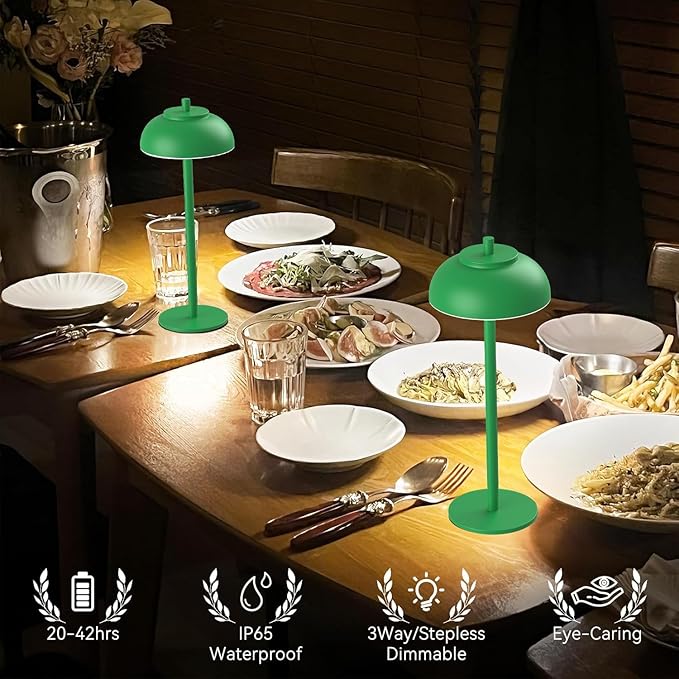 Green Led Cordless Table Lamps Rechargeable Set of 2,Table Lights Battery Operated-IP65 Waterproof-for Outdoor Patio/Restaurants/Home/Dinner/Table Lighting-Touch Control & Dimmable