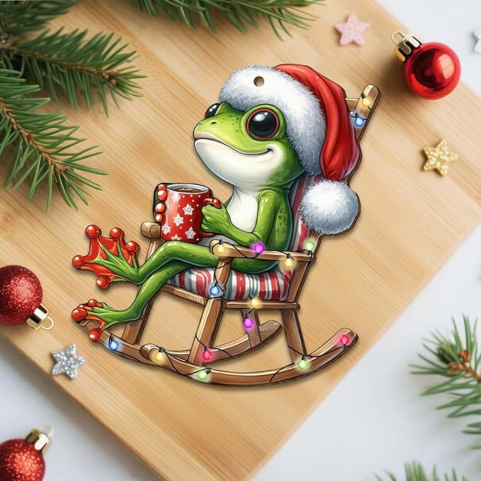 Santa Frog Christmas Tree Keepsake Ornaments, Funny Animal Themed 2 Side Printed Flat Wooden Ornament, Xmas Hanging Decor