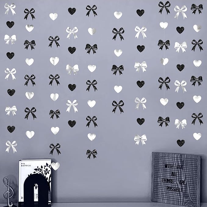 Bow Decorations Siver Black Metallic Glitter Paper Bow Heart Hanging Garland Streamer for Coquette Birthday Valentines Bachelorette Wedding Bridal Shower Anniversary Hen Party Decorations Supplies