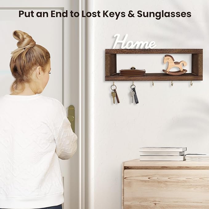 Wall Shelf with Hooks - Decorative Key and Wallet Holder for Wall Holds Sunglasses, Leashes, Scarves and Lanyards - 15.7" x 5.1" x 2.9" Entryway Organizer Made of Paulownia Wood (Brown)