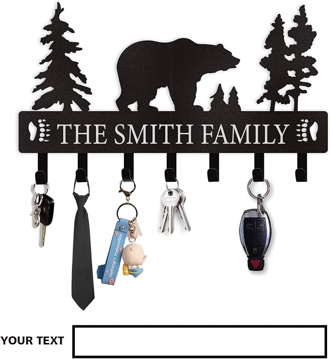 Personalized Key Holder for Wall, Custom Metal Black Bear Coat Hook Key Holder with Name, Metal Key Rack Hanger Organizer for Entryway, Front Door, Hallway, Kitchen, Office Decor
