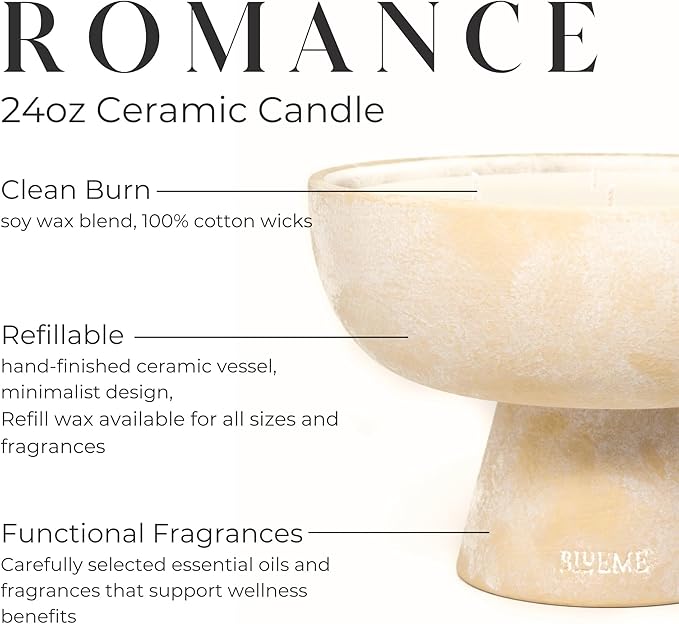 Blueme Romance Candle | Oakmoss & Sandalwood | 5 Wick - Refillable Wellness Candle with Essential Oils, Hand Finished & Poured Soy Wax Blend Ceramic Vessel, Natural Cotton Wicks | Large 24 oz