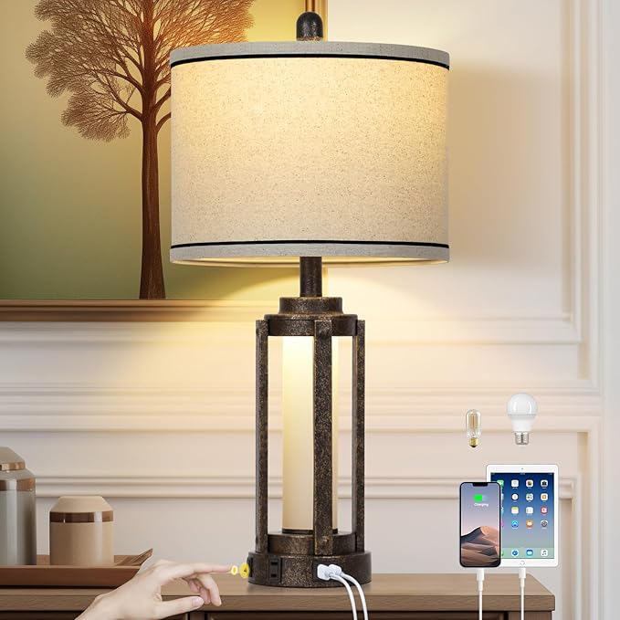 Farmhouse Industrial Lamp with USB A+C Charging Ports & AC Outlet, 26" Vintage Rustic Retro Table Lamp with Glass LED Night Light & Linen Fabric Shade for Living Room Bedrooms Single(2 Bulbs Included)