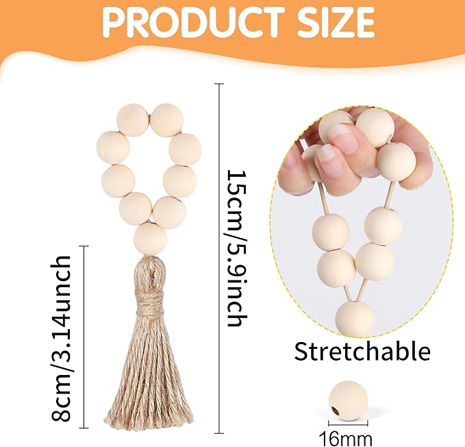 Meplait 6 Pieces Wooden Bead Napkin Rings, Farmhouse Stretchable Napkin Rings with Tassel Boho Napkin Ring for Dining Table,Wedding Decoration (Nature)