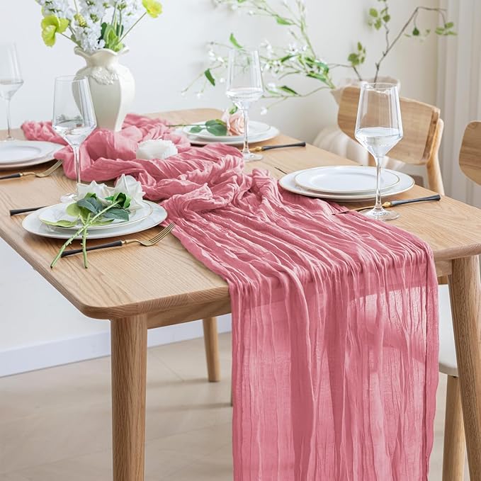Asee'm Cheesecloth Table Runner 120 Inches Dusty Rose Boho Gauze Cheese Cloth Runner 10FT Rustic Sheer Fall Table Runners for Thanksgiving Wedding Baby Shower Holiday Party Decoration