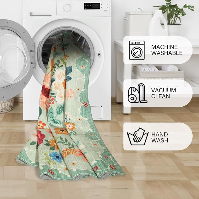 DUKINO 2x5 Runner Rug for Hallway, Washable Kitchen Floral Runner Rug with Non Slip Backing, Low Pile Soft Boho Carpet for Kitchen, Hallway, Entryway, Laundry, Bedroom, Green