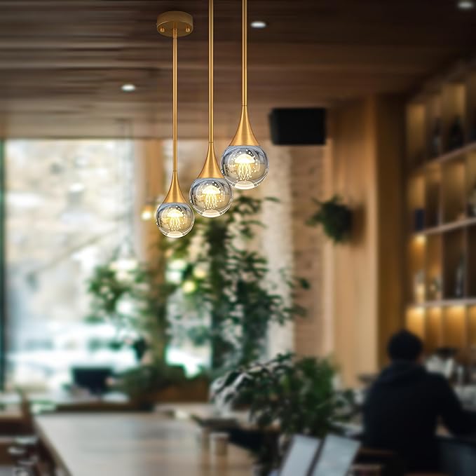 3-Pendant Lights Kitchen Island, Painted Gold Globe Crystal Ceiling Hanging Light Fxitures, LED Light Fixtures Metal Rod Ceiling Glass Pendant Lighting for Kitchen Island Dining Room Bar