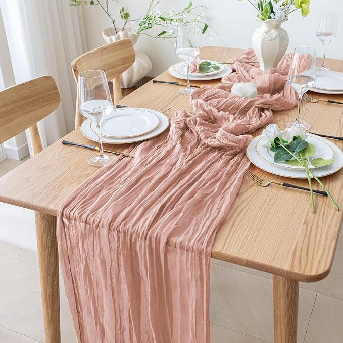 6PCS Table Runner Cheesecloth 10FT Dusty Pink Boho Gauze Cheese Cloth Rustic Sheer Table Runners for Wedding Bridal Baby Shower Party Decoration