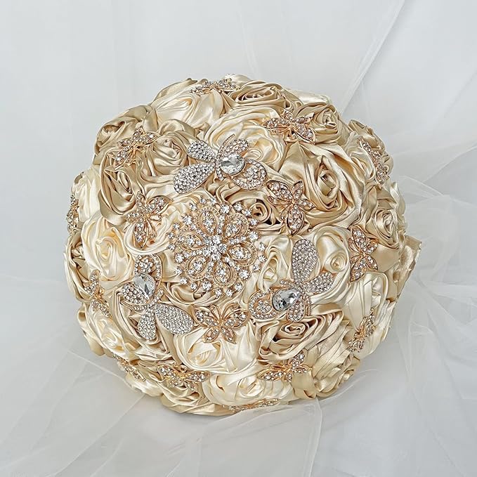 Handmade Floral Satin Rose Butterfly Shape Rhinestone Bridal Bouquet Luxury Golden Rhinestone Artificial Flowers for Wedding