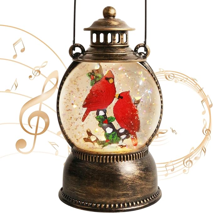 Christmas Cardinal Snow Globe 10.4In High, Cardinal Musical Snow Lantern Globe Lights with 6 Hour Timer and Batteries Powered,Retro Style Holiday Glitter Globe for Xmas Home Decoration and Santa Gifts
