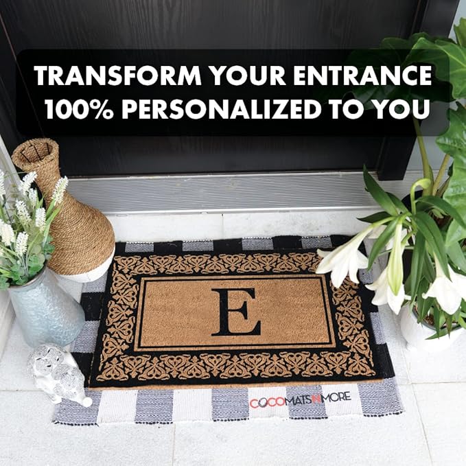 COCO MATS 'N MORE Black Blooming Hearts Bordered Monogrammed Coco Doormat 18" x 30" with Vinyl Backing | Personalized Monogram Outdoor Mat | Wedding Gifts | Minimal Shedding