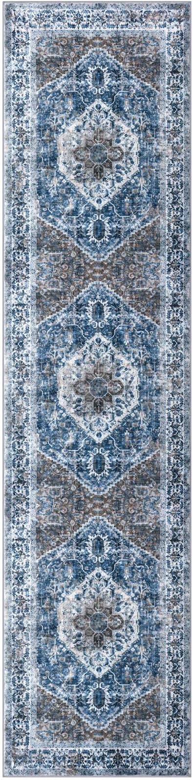 KOZYFLY Long Runners for Hallways 3x10 Ft Washable Kitchen Runner Rug Boho Runner Rug for Entryway Indoor Blue Printed Oriental Faux Wool Stair Floor Carpet Runner for Stair Kitchen Hall