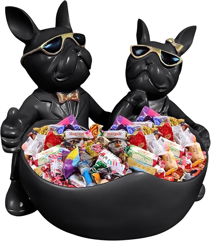Bulldog Candy Bowl Decor,Heart-shaped Key Holder Bowl Candy Dish, Bulldog Lovers Accessories, Resin Bulldog Statue for Office Desk Home Decor Figurines Entryway Table Decor(Black)