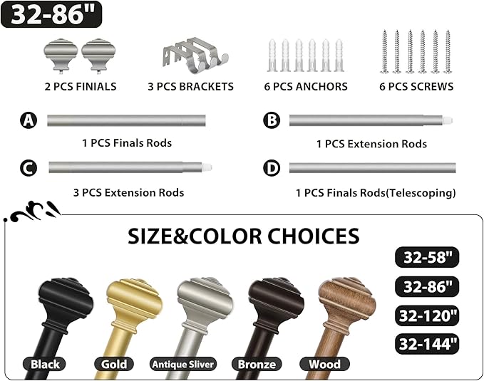 Adjustable Curtains Rods for Windows 48 to 84 Inch,USFOOK 7/8 Inch Splicing Single Curtain Pole Set, Decorative Drapery Rods 32 to 86 Inch for Home, Antique Silver Square Finials