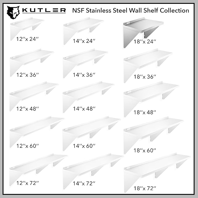 KUTLER Stainless Steel Shelf - 18" x 24", NSF Commercial Wall Mount Shelves with Backsplash, Floating Metal Shelving for Restaurant, Kitchen, Home