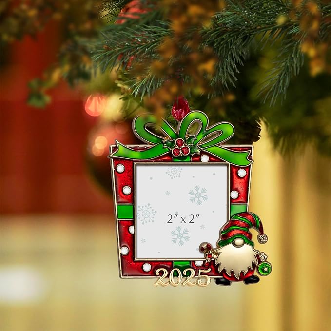 West style 2025 Christmas Tree Ornaments - Made of Zinc Alloy Glitter Powder Pendant 2x2 Inch Picture Frame Ornament for Pet and Baby Holiday Keepsake Gift (2025, Gnomes)