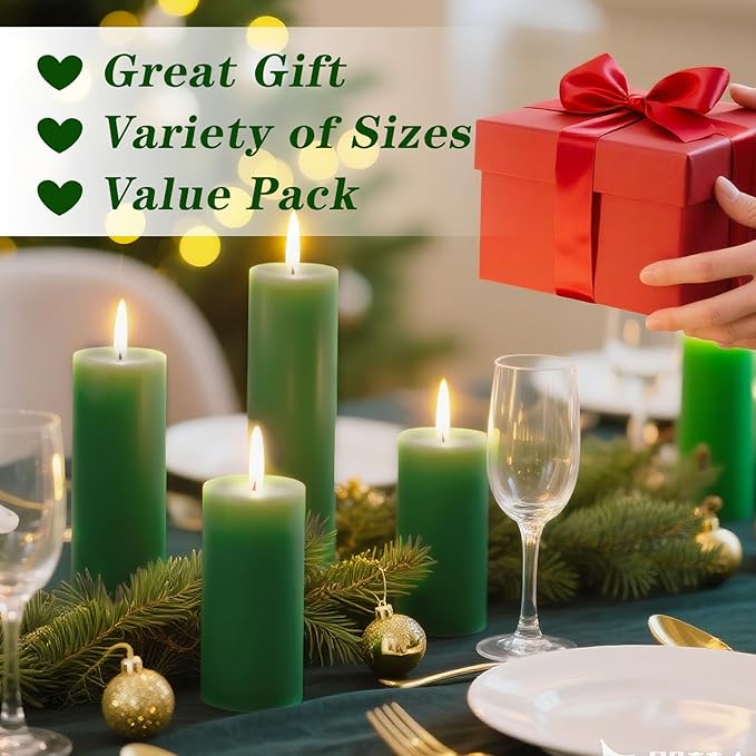 18 Pcs Green Pillar Candles Bulk Set,Hurricane Candles,3 Different Lengths (6 Each),Dripless Unscented Smokeless,Gives You a Better Atmosphere When Organizing Wedding or Event Party.