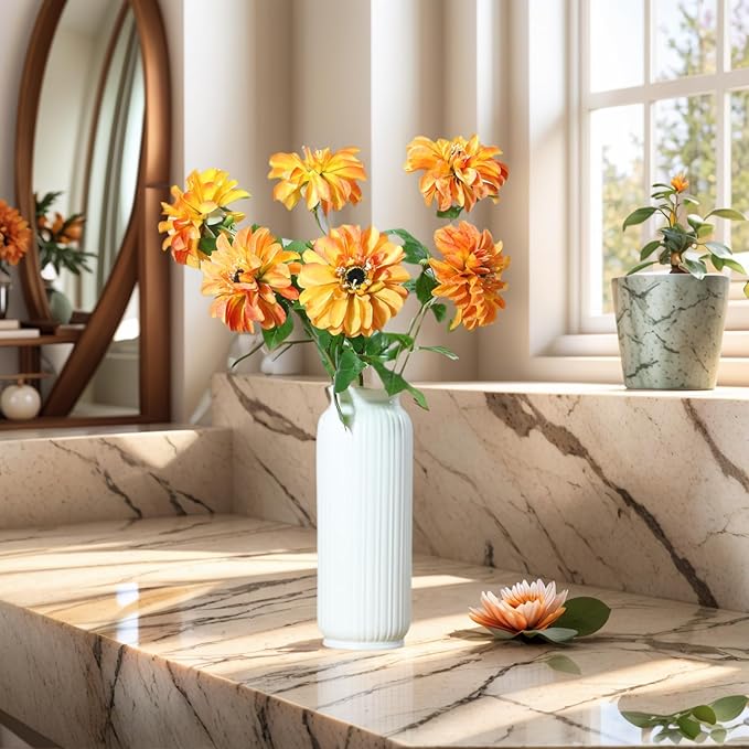 6 Pack Artificial Chrysanthemum Silk Flowers Zinnia Orange Flowers,24'in Long Stem Fake Flower,Suitable for Wedding Decoration Bouquets,Fall Decor,Home Decor (Orange)