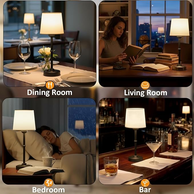 Cordless LED Table Lamp, Portable Fabric Shade Desk Lamp, 6000mAh Rechargeable Battery Operated Lighting, 3000K Warm Ambient Light for Restaurant/Bar/Bedroom/Beside/Nightstand, Black