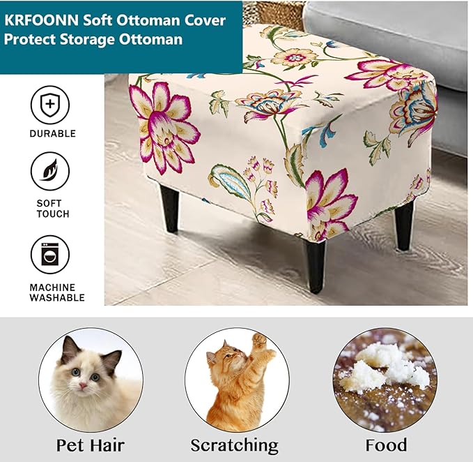 KRFOONN Stretch Ottoman Cover Slipcovers Rectangle Fit Length 27"-35" Footrest Stool Covers Printed Ottoman Cover for Foot Stool Furniture Protector with Non Slip Elastic Bottom, Color 20