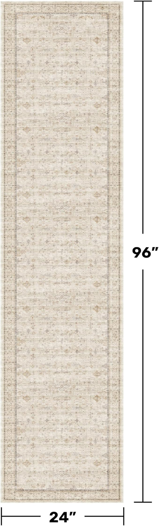 Washable 2x8 Runner Rugs for Hallway Non Slip, Stain Resistant Farmhouse Kitchen Rugs, Geometric Floral Indoor Floor Mats for Entryway, Vintage Beige Home Décor, Low Pile & Soft Carpet