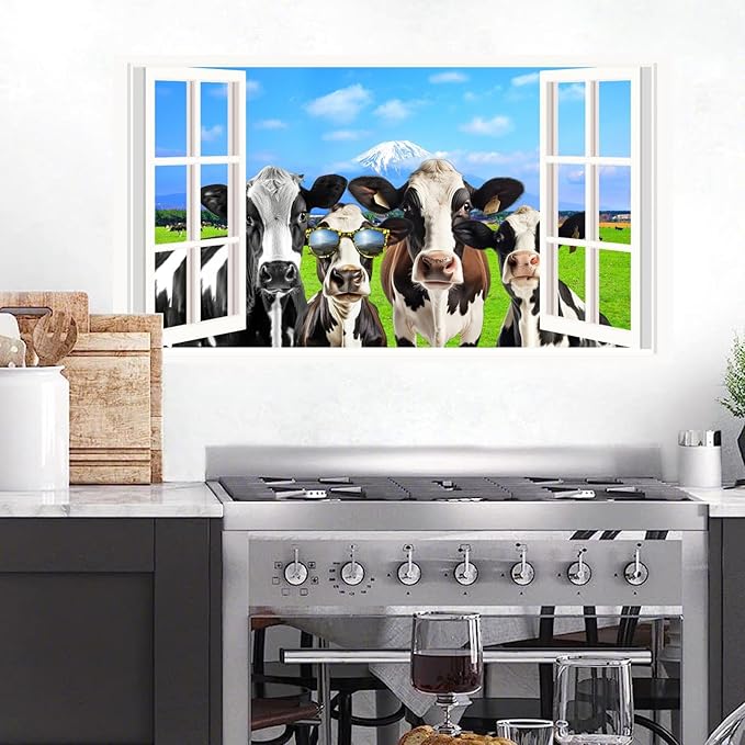 Funny Cow Wall Decals 3D Fake Window Stickers Farmhouse View Wall Decals 3D Peeking Cow Decal Funny Farm Animal Stickers Farmhouse Cow Decal for Living Room Bedroom Decor