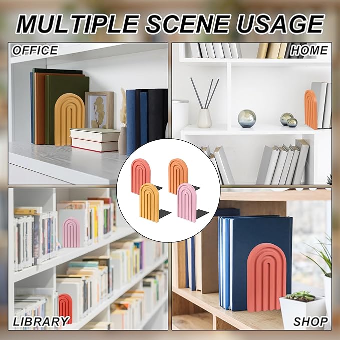 PATIKIL 4Pcs Boho Arch Bookends, Non-Skid Wood Book Ends Rainbow Wooden for Shelves Book Stopper Stand Cute for Holding Books Movie Home Office Library Decorative, Red/Yellow/Orange/Pink