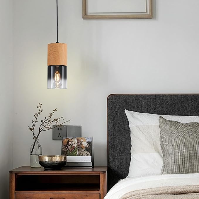 Modern Pendant Lights for Kitchen Island, Adjustable Black Pendant Light Fixtures with Raw Wood Grain, Industrial Glass Pendant Lights for Dining Table Hallway Bedroom Living Room,1 Pack
